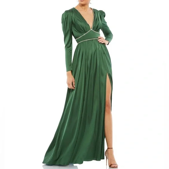 Mac Duggal | Dresses | Mac Duggal Emerald Green Satin Rhinestone  Embellished Long Sleeve Gown 5572 | Poshmark
